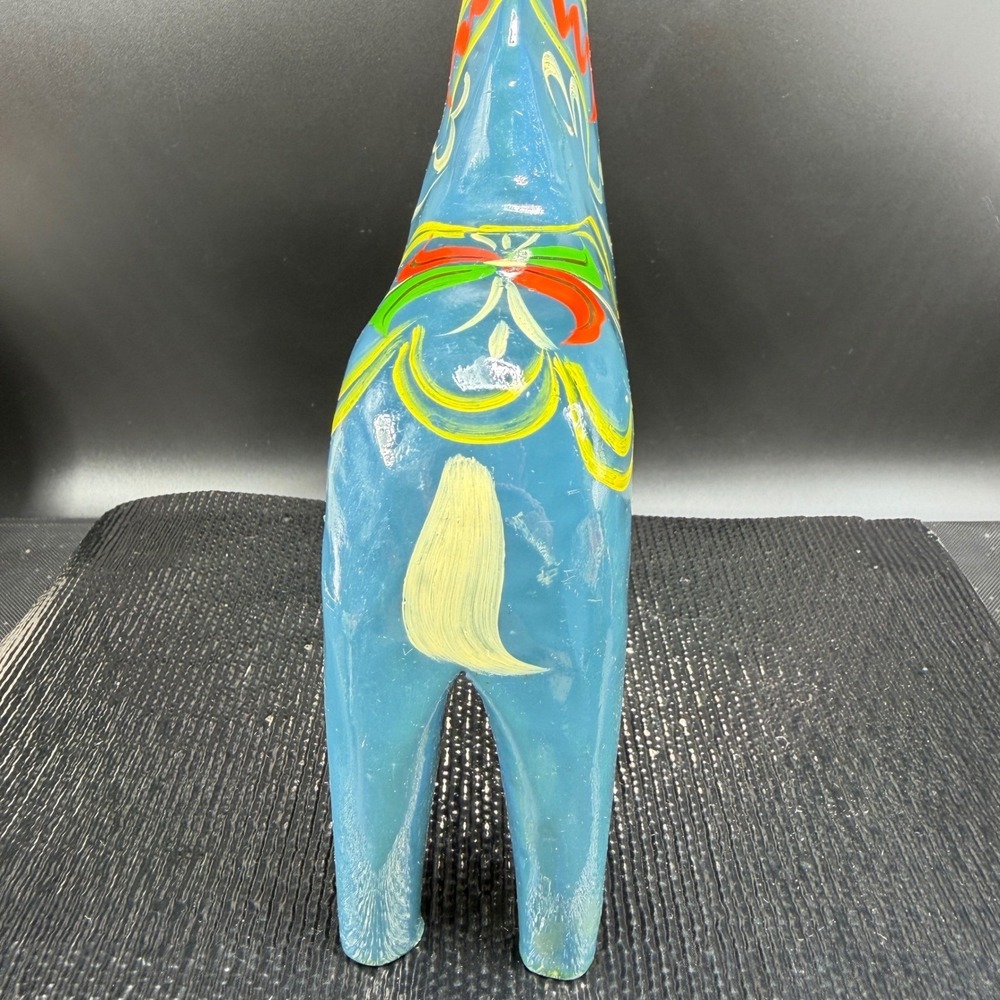 Vintage Akta Dalahemslojd Swedish Dala Horse Blue Hand Painted Wood Folk Art 7" - Picture 13 of 15